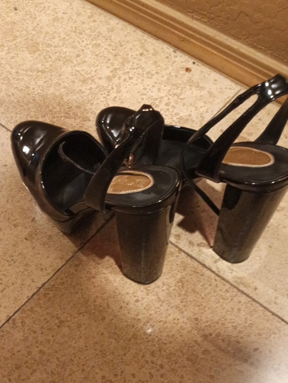 Black Patent Platform Block Heel Slingback Pumps